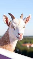 Fototapeta premium A young, light brown and white goat with short horns looks directly at the camera, its head and shoulders visible against a blurred background of greenery and a clear sky