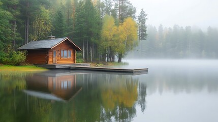 Misty lake scenery with a wooden cabin on a dock.