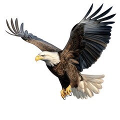 A majestic bald eagle soaring in the sky with its wings spread wide, showcasing its powerful wingspan and majestic presence.