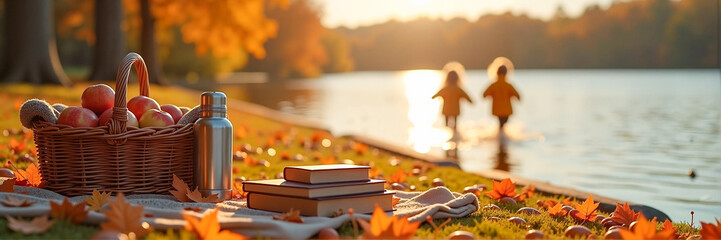 Two children in mustard-yellow jackets playing by a serene lakeside during sunset, embodying autumn nostalgia.