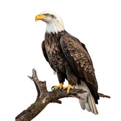 Fototapeta premium A majestic bald eagle perched on a branch with its beak pointed upwards, showcasing its powerful wings and sharp talons.