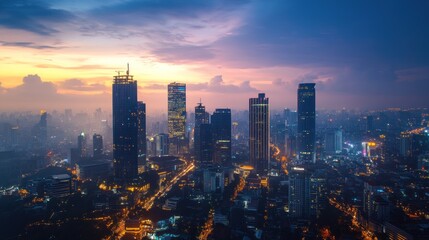 Fototapeta premium Urban skyline at twilight. Dense city buildings, roads, and lights