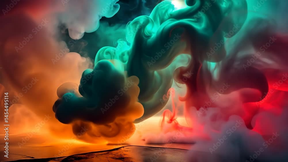 Poster mesmerizing swirls of teal and red smoke dance in a dark, ethereal atmosphere