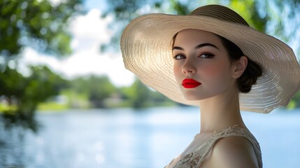 A young woman in a wide-brimmed hat by a tranquil lake.