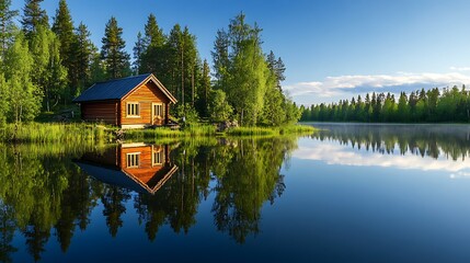 Obraz premium Serene wooden cabin reflecting on tranquil lake in forest.