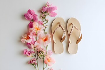 Elegant Flip Flops and Pink Flowers on a Soft White Background