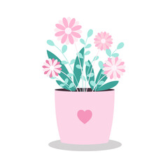 Flowers in a flower pot.Cute design of flowers and leaves in pastel pink and green colors isolated on white background.Spring floral element, vector graphic illustration.