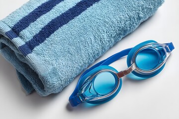 Bathing Accessories with Towel and Swim Goggles on White Background
