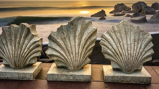 Three intricately designed shell sculptures line a coastal walkway at sunset, waves crashing nearby