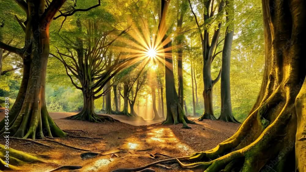 Poster Golden sunbeams illuminate a mystical forest path with ancient trees.