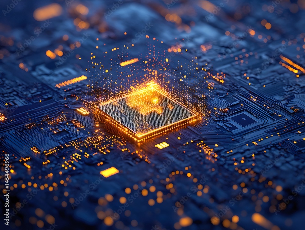 Poster 輝くオレンジ色のチップと青い基板の抽象的なデジタルテクノロジーのクローズアップ