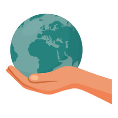 Vector Hand Holding Globe Icon, Isolated. Flat Cartoon Earth in Palm, Environmental Protection Symbol. Sustainable Planet Illustration. Caring Hand Gesture, Eco-Friendly World Art