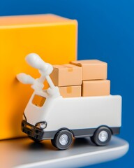 Miniature delivery truck carrying boxes near a large yellow cube on a digital device