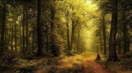 Golden sunlight filtering through a dense forest path.