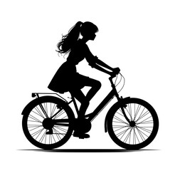 Obraz premium Silhouette of a woman is riding a bicycle. She is wearing a skirt and a ponytail. The bicycle is black and silver