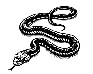A black and white snake with a long body and a black head. The snake is curled up and has a black tongue