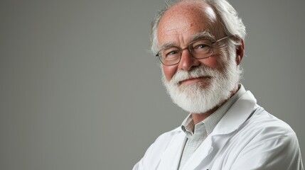 Fototapeta premium Senior Caucasian male doctor, kind expression, slight smile, lab setting background removed