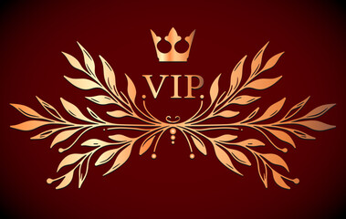 Fototapeta premium A gold leaf design with a crown on top and the word VIP written underneath. The design is gold and red and has a regal feel to it