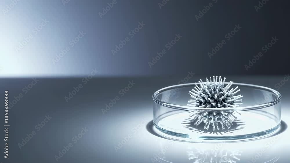 Poster metal viral structure rotating slowly within scientific petri dish, reflecting light and casting sub