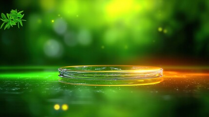Circular, transparent object on a vibrant green surface.