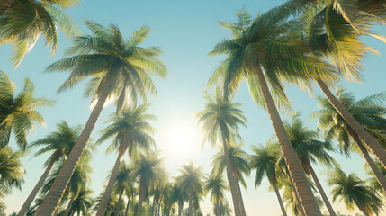 Fototapeta premium Tropical coconut palm trees and green palm trees stand tall against the vibrant blue sky, evoking a summer vacation on an exotic beach