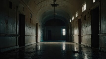 Fototapeta premium Long dark hallway with arched ceiling and light from windows