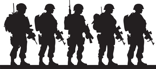 Vector illustration of soldier silhouettes with rifles and packs shown standing in formation suitable for tactical military defense or armed forces themed graphics