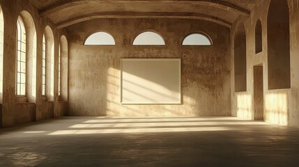Naklejka premium Sunlit room, arch windows, blank canvas