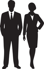 Businessman and businesswoman silhouettes depicted in professional attire standing confidently perfect for corporate presentations business illustrations or office themes