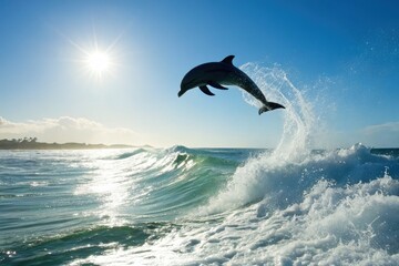 Fototapeta premium Dolphin Leaps Above Ocean Waves in Bright Sunlight Generative AI