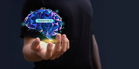 A hand showing generative ai, artificial intelligence technology, cyber security, digital transformation, finance, large language model, LLM © Krot_Studio