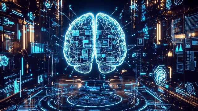 An advanced digital brain in cyberspace highlights rapid advancements in AI technology, showcasing its immense potential and promising future applications across business, science, and more