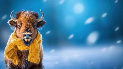Winter scene of a bison wearing a yellow scarf.