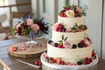 Naklejka premium Elegant Three Tiered Wedding Cake Adorned With Fresh Flowers Generative AI