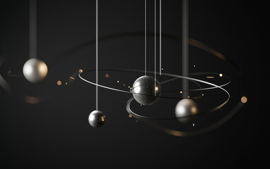Zero Gravity Geometry Floating metallic shapes and orbs orbit through a dark space with glowing trails and soft lens flares, simulating zero gravity