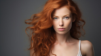 Naklejka premium Portrait of a beautiful red-haired mid-adult woman, showcasing natural beauty and confidence.