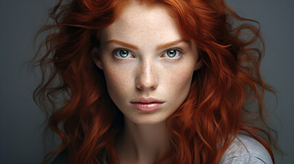 Naklejka premium Portrait of a beautiful red-haired mid-adult woman, showcasing natural beauty and confidence.