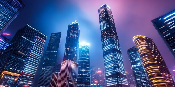 Vibrant Cityscape at Night Modern Skyscrapers Illuminated