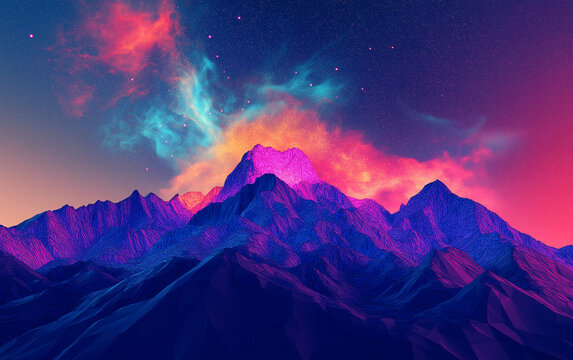 Polyscape Nebula Burst Low-poly mountain range under a burst of galactic colors and pixel stardust clouds, merging minimalist and cosmic aesthetics