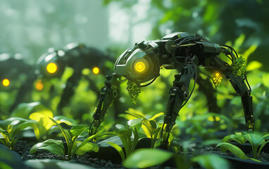 Mech Jungle Bloom Overgrown robotic plants with glowing cores sprout from a synthetic forest floor, fusing biotechnology and environmental themes