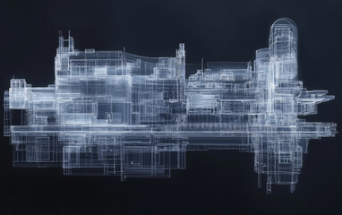 Hologram City Blueprint Transparent architectural schematics over a dark background, showing layers of a futuristic city with floating data overlays