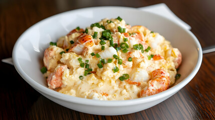 Creamy lobster mac and cheese in white bowl, garnished with fresh chives