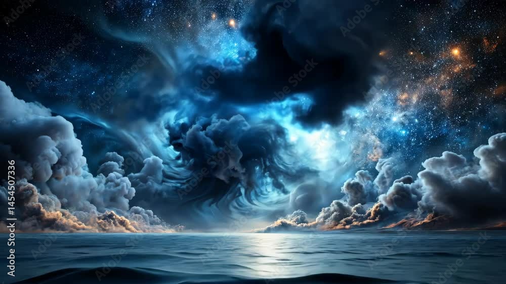 Poster cosmic dreamscape a journey through celestial clouds and oceanic serenity