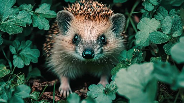 Cute hedgehog peeking through greenery
