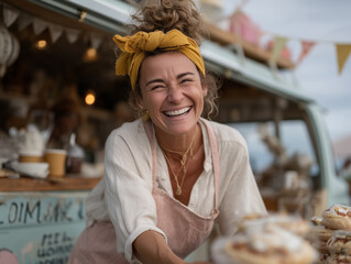 Fototapeta premium Smiling vendor serving delicious pastries at a food truck festival 