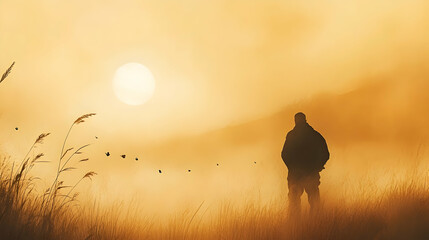 Silhouette of a man standing in field during a misty golden sunset with birds