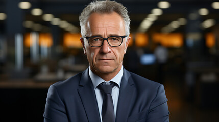 Fototapeta premium Confident business leader in formal attire with a professional expression, blurred office background for leadership portraits.