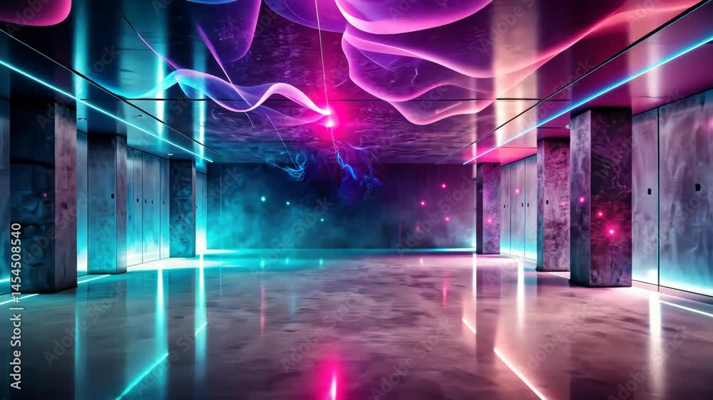 Poster neon lit hallway with smoky atmosphere and abstract light patterns