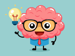 Happy Brain Character with Light Bulb Idea Illustration