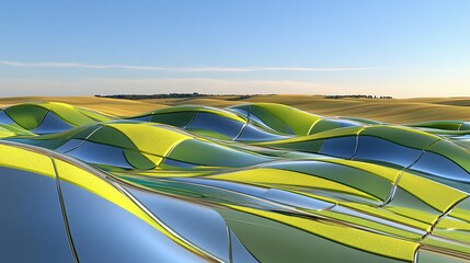 Abstract wavy landscape with vibrant colors and reflective surfaces.